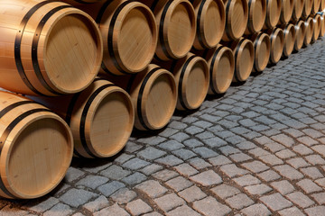3D Illustration background wooden barrels wine. Alcoholic drink in wooden barrels, such as wine, cognac, rum, brandy.