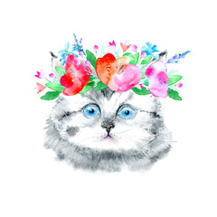 Postcard of a gray kitten and floral wreath.Cat greeting card.Watercolor hand drawn illustration.White background.