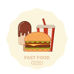 Burger, ice cream and soda. Vector. Fast food outline icons. Junk colorful cooking elements. Template online shopping. Set unhealthy meal in flat line art design. Restaurant, cafe snacks.