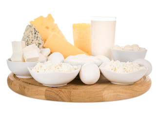 Fresh dairy products and eggs on white background