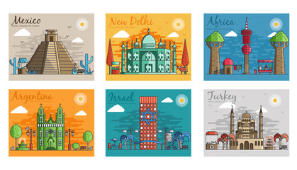 Set of different cities for travel destinations. landmarks banner template of flyer, magazines, posters, book cover, banners. Layout workplace technology flat illustrations modern pages