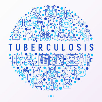 Tuberculosis concept in circle with thin line icons: infection in lungs, x-ray image, dry cough, pain in chest and shoulders, Mantoux test, weight loss. Modern vector illustration for banner.