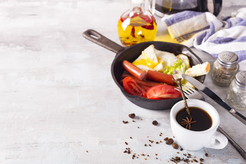 Fresh delicious breakfast with soft boiled egg, crispy toasts and cup coffee