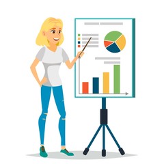 Financial Consultant Vector. Business Woman, Blackboard. Professional Support Research Graphs Market. Business Management. Financial Planning. Accounting Organization Process. Isolated Illustration