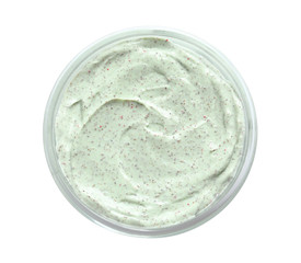 Bowl with natural scrub on white background