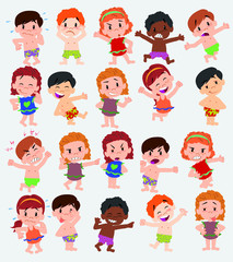 Cartoon character boys and girls in a swimsuit. Set with different postures, attitudes and poses, doing different activities. Vector illustrations.