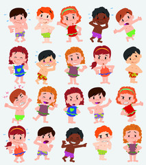 Cartoon character boys and girls in a swimsuit. Set with different postures, attitudes and poses, doing different activities. Vector illustrations.