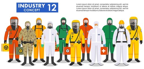 Chemical industry concept. Group different workers in differences protective suits standing together in row on white background in flat style. Dangerous profession. Vector illustration.