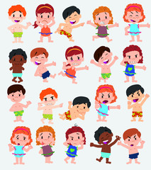 Cartoon character boys and girls in a swimsuit. Set with different postures, attitudes and poses, doing different activities. Vector illustrations.