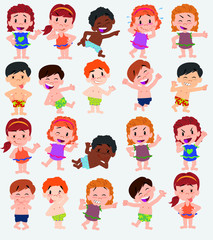 Cartoon character boys and girls in a swimsuit. Set with different postures, attitudes and poses, doing different activities. Vector illustrations.