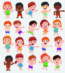 Cartoon character boys and girls in a swimsuit. Set with different postures, attitudes and poses, doing different activities. Vector illustrations.