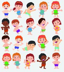 Cartoon character boys and girls in a swimsuit. Set with different postures, attitudes and poses, doing different activities. Vector illustrations.