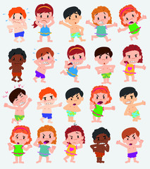 Cartoon character boys and girls in a swimsuit. Set with different postures, attitudes and poses, doing different activities. Vector illustrations.