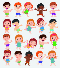 Cartoon character boys and girls in a swimsuit. Set with different postures, attitudes and poses, doing different activities. Vector illustrations.