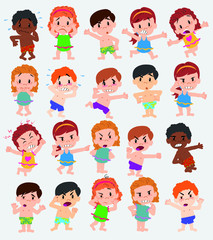 Cartoon character boys and girls in a swimsuit. Set with different postures, attitudes and poses, doing different activities. Vector illustrations.