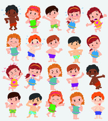 Cartoon character boys and girls in a swimsuit. Set with different postures, attitudes and poses, doing different activities. Vector illustrations.