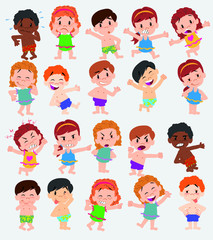 Cartoon character boys and girls in a swimsuit. Set with different postures, attitudes and poses, doing different activities. Vector illustrations.