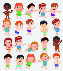 Cartoon character boys and girls in a swimsuit. Set with different postures, attitudes and poses, doing different activities. Vector illustrations.