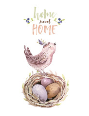 Hand drawing easter watercolor flying cartoon bird and eggs with leaves, branches and feathers. Watercolour spring art illustration in vintage boho style. Greeting bohemian cars.