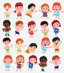 Cartoon character boys and girls in a swimsuit. Set with different postures, attitudes and poses, doing different activities. Vector illustrations.