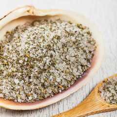 Sea Salt with Seasoning Herbs Mix and Spices. Selective focus.