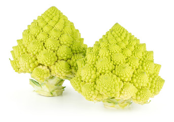 Romanesco cauliflower or broccoli isolated on white background two green heads.