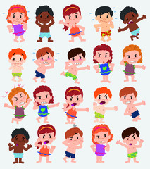 Cartoon character boys and girls in a swimsuit. Set with different postures, attitudes and poses, doing different activities. Vector illustrations.