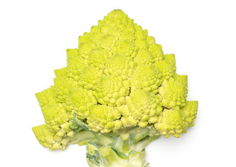 Romanesco cauliflower one green half isolated on white background top view.