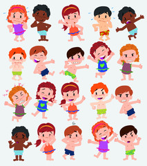 Cartoon character boys and girls in a swimsuit. Set with different postures, attitudes and poses, doing different activities. Vector illustrations.
