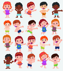 Cartoon character boys and girls in a swimsuit. Set with different postures, attitudes and poses, doing different activities. Vector illustrations.