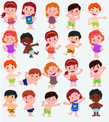 Cartoon character boys and girls in a swimsuit. Set with different postures, attitudes and poses, doing different activities. Vector illustrations.
