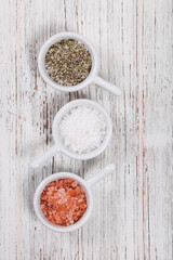 Types of Salt Himalayan, Kosher and Sea Salt Herb Seasoning. Selective focus.