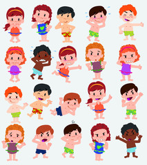 Cartoon character boys and girls in a swimsuit. Set with different postures, attitudes and poses, doing different activities. Vector illustrations.