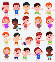 Cartoon character boys and girls in a swimsuit. Set with different postures, attitudes and poses, doing different activities. Vector illustrations.