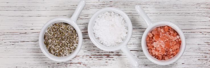 Types of Salt Himalayan, Kosher and Sea Salt Herb Seasoning. Selective focus.