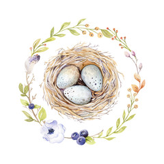 Obraz premium Hand drawing easter watercolor flying cartoon bird and eggs with leaves, branches and feathers. Watercolour spring art illustration in vintage boho style. Greeting bohemian cars.