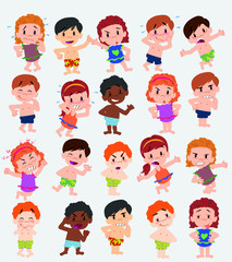 Cartoon character boys and girls in a swimsuit. Set with different postures, attitudes and poses, doing different activities. Vector illustrations.