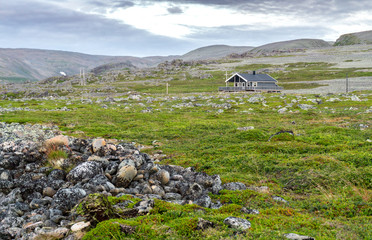 Fototapeta na wymiar Traditional summer houses on the coast of the Barents Sea, Varan