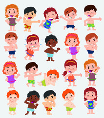 Cartoon character boys and girls in a swimsuit. Set with different postures, attitudes and poses, doing different activities. Vector illustrations.