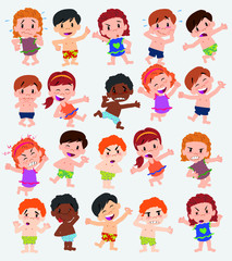 Cartoon character boys and girls in a swimsuit. Set with different postures, attitudes and poses, doing different activities. Vector illustrations.