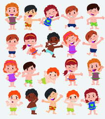 Cartoon character boys and girls in a swimsuit. Set with different postures, attitudes and poses, doing different activities. Vector illustrations.