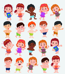 Cartoon character boys and girls in a swimsuit. Set with different postures, attitudes and poses, doing different activities. Vector illustrations.