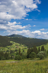 Obraz premium Amazing view of beautiful cloudy summer landscape and village in distance. Tops of mountains and old thick wood growing on hills. Vertical color image.