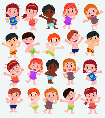 Cartoon character boys and girls in a swimsuit. Set with different postures, attitudes and poses, doing different activities. Vector illustrations.