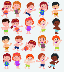 Cartoon character boys and girls in a swimsuit. Set with different postures, attitudes and poses, doing different activities. Vector illustrations.