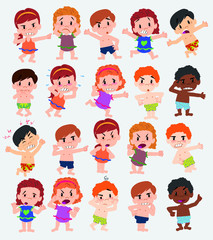 Cartoon character boys and girls in a swimsuit. Set with different postures, attitudes and poses, doing different activities. Vector illustrations.