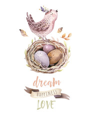 Hand drawing easter watercolor flying cartoon bird and eggs with leaves, branches and feathers. Watercolour spring art illustration in vintage boho style. Greeting bohemian cars.