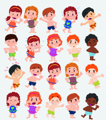 Cartoon character boys and girls in a swimsuit. Set with different postures, attitudes and poses, doing different activities. Vector illustrations.