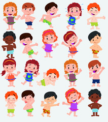 Cartoon character boys and girls in a swimsuit. Set with different postures, attitudes and poses, doing different activities. Vector illustrations.