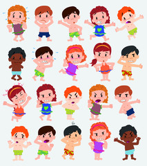 Cartoon character boys and girls in a swimsuit. Set with different postures, attitudes and poses, doing different activities. Vector illustrations.